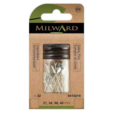 Assortiment de 32 épingles de sûreté en acier nickelé Milward